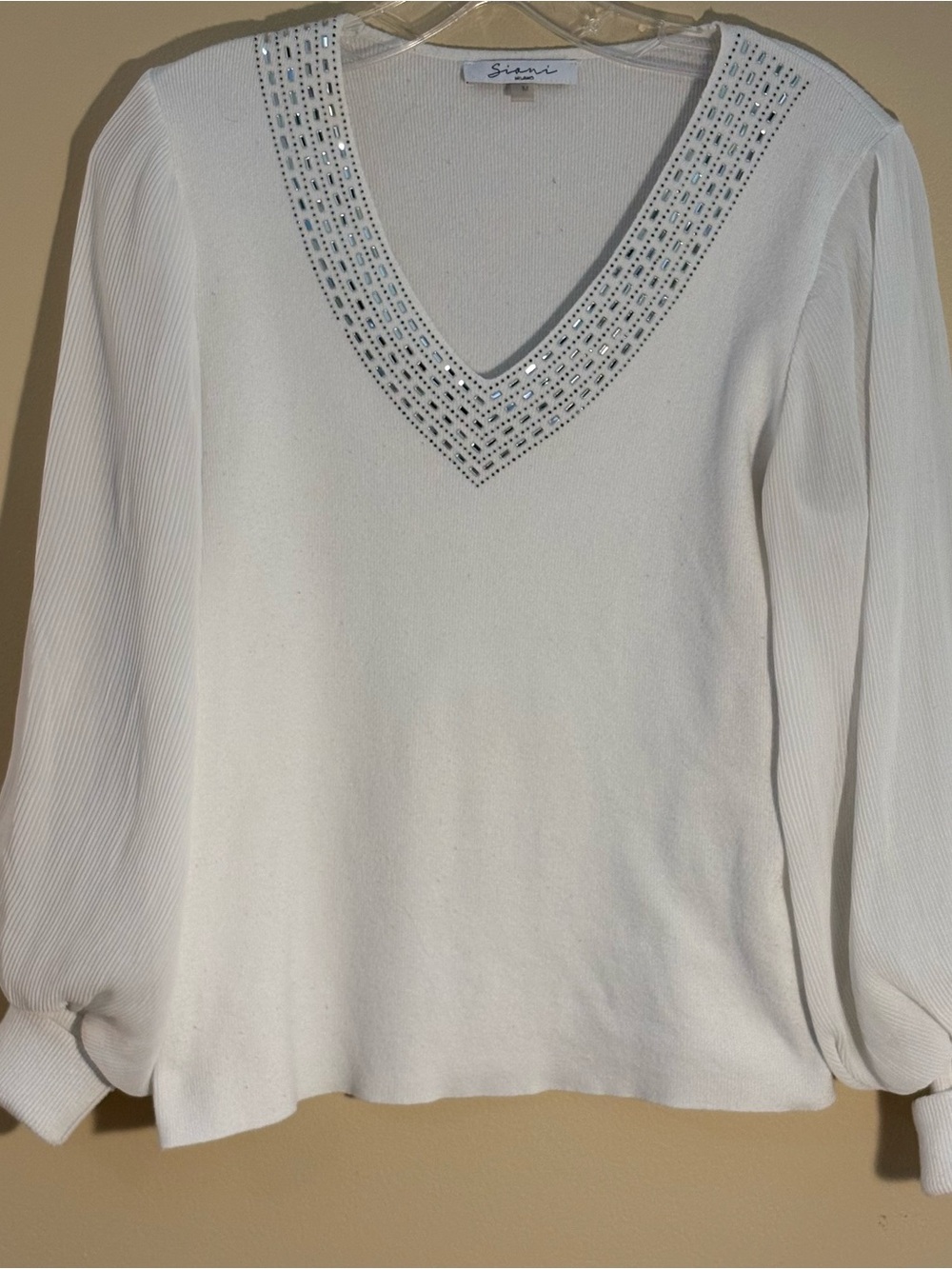 Sioni Milano White V-Neck Embellished Sweater Top Balloon Sleeve Size-M